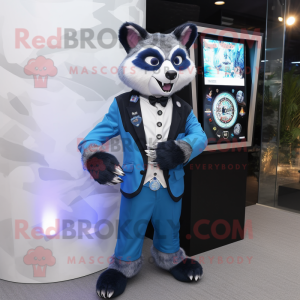 Blue Raccoon mascot costume character dressed with a Tuxedo and Digital watches