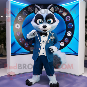 Blue Raccoon mascot costume character dressed with a Tuxedo and Digital watches