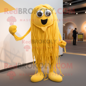 Yellow Spaghetti mascot costume character dressed with a Dress and Tie pins