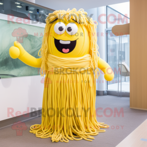 Yellow Spaghetti mascot costume character dressed with a Dress and Tie pins