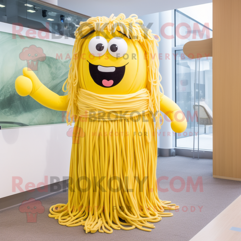 Yellow Spaghetti mascot costume character dressed with a Dress and Tie pins Yellow Spaghetti mascot costume character dressed with a Dress and Tie pins