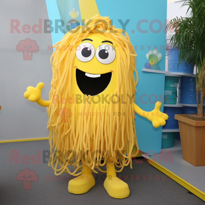 Yellow Spaghetti mascot costume character dressed with a Dress and Tie pins Yellow Spaghetti mascot costume character dressed with a Dress and Tie pins
