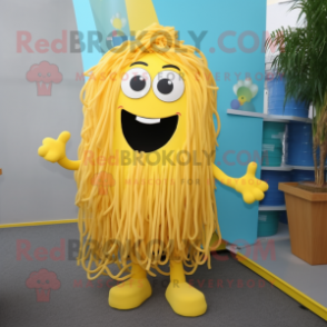 Yellow Spaghetti mascot costume character dressed with a Dress and Tie pins