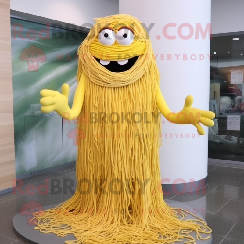 Yellow Spaghetti mascot costume character dressed with a Dress and Tie pins Yellow Spaghetti mascot costume character dressed with a Dress and Tie pins