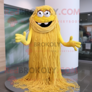 Yellow Spaghetti mascot costume character dressed with a Dress and Tie pins