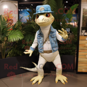 Cream Lizard mascot costume character dressed with a Flare Jeans and Necklaces