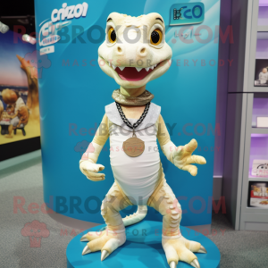 Cream Lizard mascot costume character dressed with a Flare Jeans and Necklaces