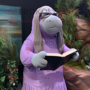 Lavender Walrus mascot costume character dressed with a Midi Dress and Reading glasses