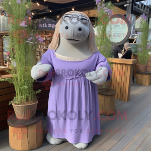 Lavender Walrus mascot costume character dressed with a Midi Dress and Reading glasses