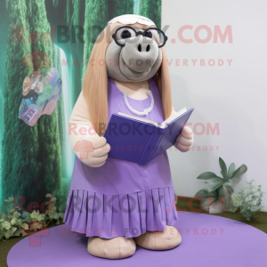 Lavender Walrus mascot costume character dressed with a Midi Dress and Reading glasses