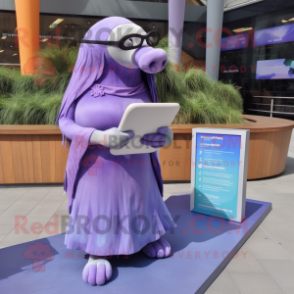 Lavender Walrus mascot costume character dressed with a Midi Dress and Reading glasses