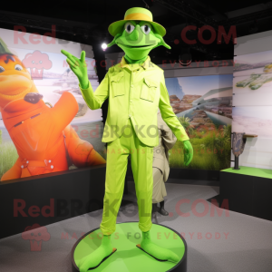 Lime Green Stilt Walker mascot costume character dressed with a Henley Shirt and Hat pins