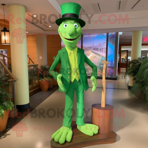 Lime Green Stilt Walker mascot costume character dressed with a Henley Shirt and Hat pins