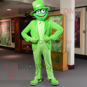 Lime Green Stilt Walker mascot costume character dressed with a Henley Shirt and Hat pins