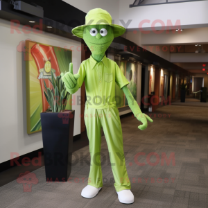 Lime Green Stilt Walker mascot costume character dressed with a Henley Shirt and Hat pins