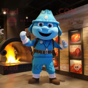 Sky Blue Fire Fighter mascot costume character dressed with a Bikini and Suspenders