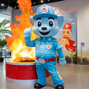 Sky Blue Fire Fighter mascot costume character dressed with a Bikini and Suspenders