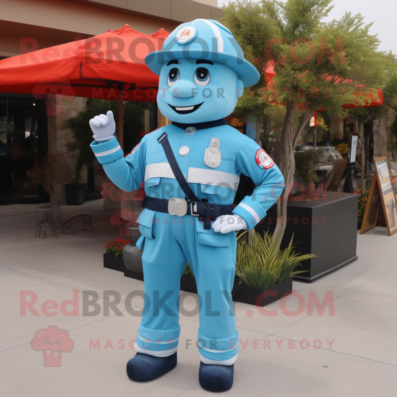 Sky Blue Fire Fighter mascot costume character dressed with a Bikini and Suspenders