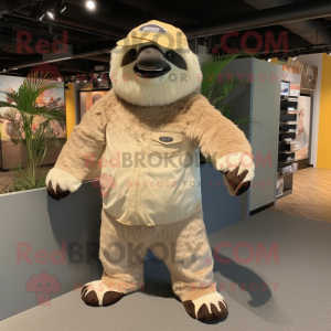 Beige Giant Sloth mascot costume character dressed with a Bootcut Jeans and Headbands