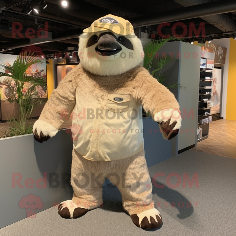 Beige Giant Sloth mascot costume character dressed with a Bootcut Jeans and Headbands