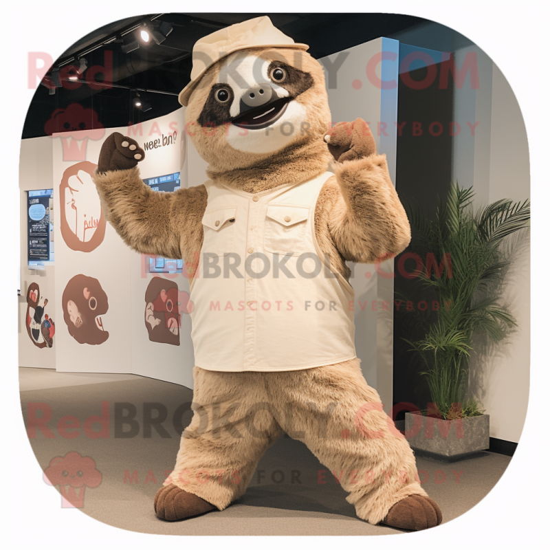 Beige Giant Sloth mascot costume character dressed with a Bootcut Jeans and Headbands