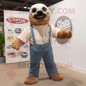 Beige Giant Sloth mascot costume character dressed with a Bootcut Jeans and Headbands