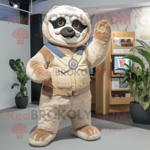 Beige Giant Sloth mascot costume character dressed with a Bootcut Jeans and Headbands