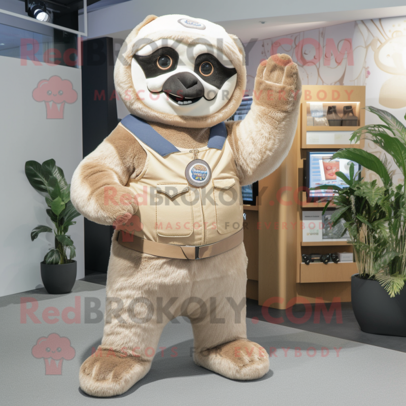 Beige Giant Sloth mascot costume character dressed with a Bootcut Jeans and Headbands Beige Giant Sloth mascot costume character dressed with a Bootcut Jeans and Headbands