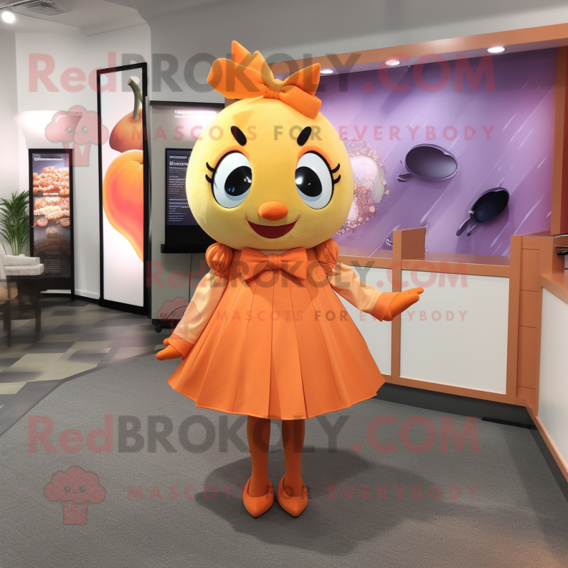 Peach Plum mascot costume character dressed with a Shift Dress and Bow ties Peach Plum mascot costume character dressed with a Shift Dress and Bow ties