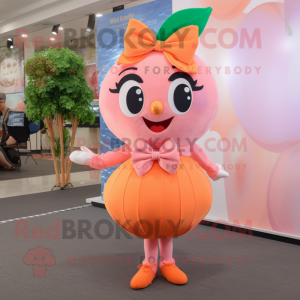 Peach Plum maskot drakt figur kledd med Shift-kjole og sløyfer