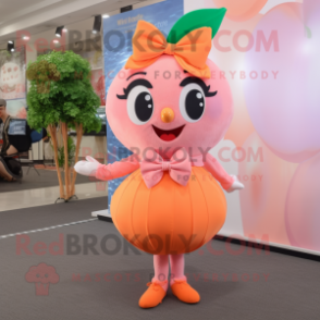 Peach Plum mascot costume character dressed with a Shift Dress and Bow ties