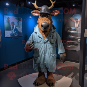 Blue Elk mascot costume character dressed with a Raincoat and Suspenders