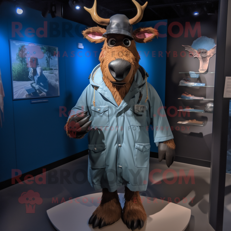 Blue Elk mascot costume character dressed with a Raincoat and Suspenders Blue Elk mascot costume character dressed with a Raincoat and Suspenders