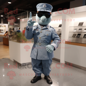 Silver Air Force Soldier mascot costume character dressed with a Denim Shorts and Shawl pins