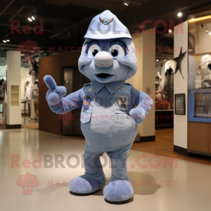 Silver Air Force Soldier mascot costume character dressed with a Denim Shorts and Shawl pins