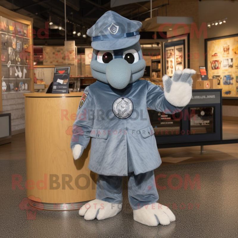 Silver Air Force Soldier mascot costume character dressed with a Denim Shorts and Shawl pins