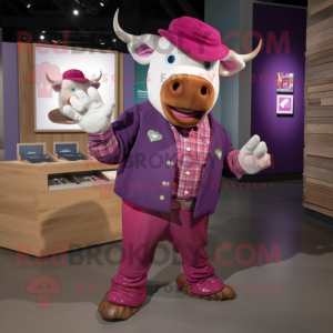 Magenta Bull mascot costume character dressed with a Flannel Shirt and Coin purses