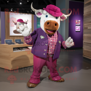 Personaje de traje de mascota Magenta Bull vestido con una camisa de franela y monederos