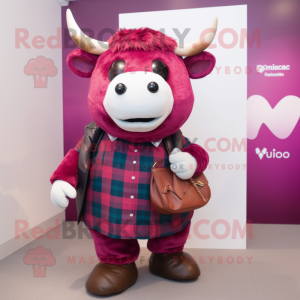 Magenta Bull mascot costume character dressed with a Flannel Shirt and Coin purses