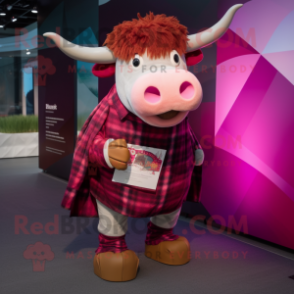 Magenta Bull mascot costume character dressed with a Flannel Shirt and Coin purses