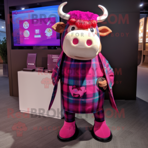 Magenta Bull mascot costume character dressed with a Flannel Shirt and Coin purses