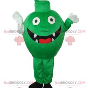 Mascote monstrinho verde com dentes e um grande sorriso -