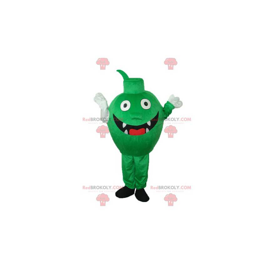 Mascote monstrinho verde com dentes e um grande sorriso -