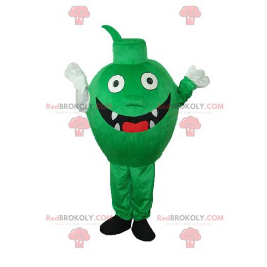 Mascot pequeño monstruo verde con dientes y una gran sonrisa -