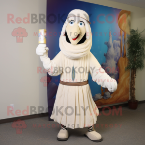 Cream Stilt Walker mascot costume character dressed with a Joggers and Shawl pins
