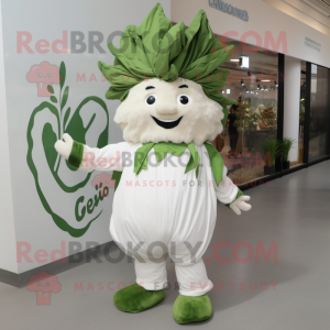 Cream Spinach mascot costume character dressed with a Chinos and Hair clips