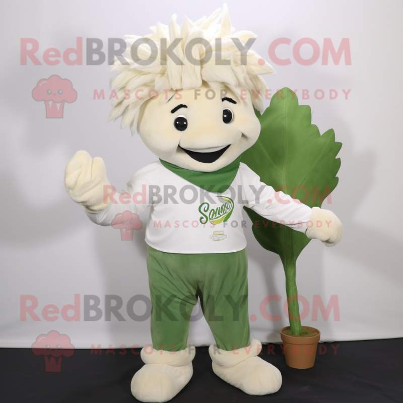 Cream Spinach mascot costume character dressed with a Chinos and Hair clips