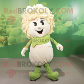 Cream Spinach mascot costume character dressed with a Chinos and Hair clips