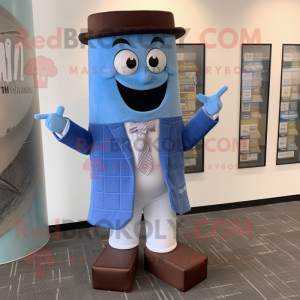 Blue Chocolate Bar mascot costume character dressed with a Mini Dress and Tie pins