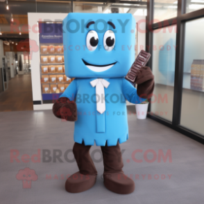 Blue Chocolate Bar mascot costume character dressed with a Mini Dress and Tie pins